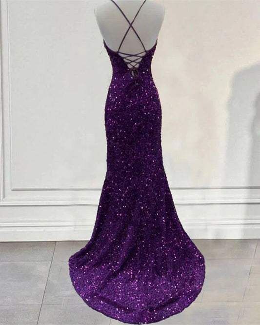 Purple Prom Dress Sequin Mermaid Formal Evening Dress Split      fg4738