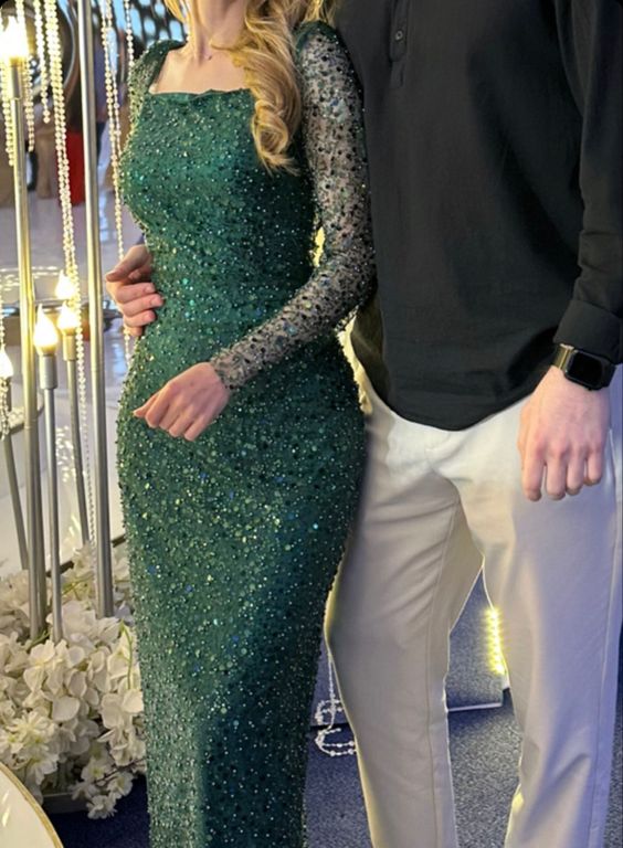 Green Sequin Prom Dress Long Sleeves Evening Gown
