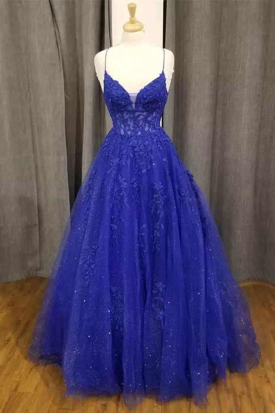 Royal Blue Floral Appliques V Neck A Line Formal Gown