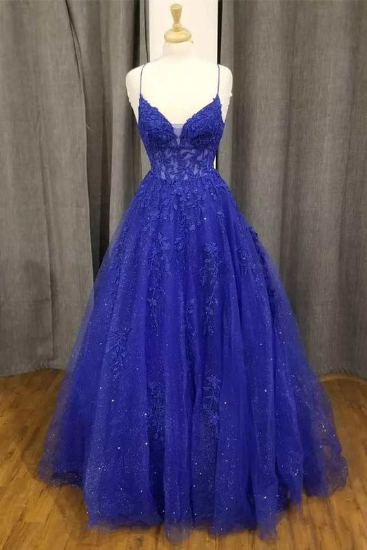 Royal Blue Floral Appliques V Neck A Line Formal Gown