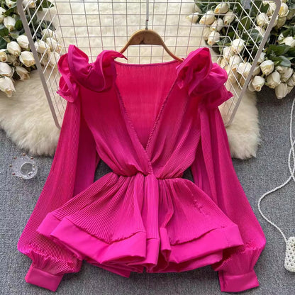 fashion new design ruffle pleated V-neck pullover shirt for women     S4612