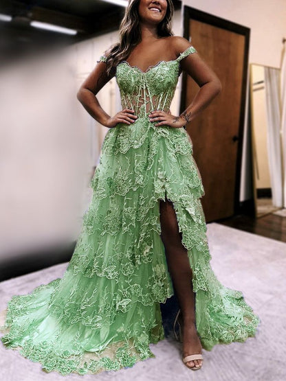 Elegant sage green a line prom dress off the shoulder lace split gown