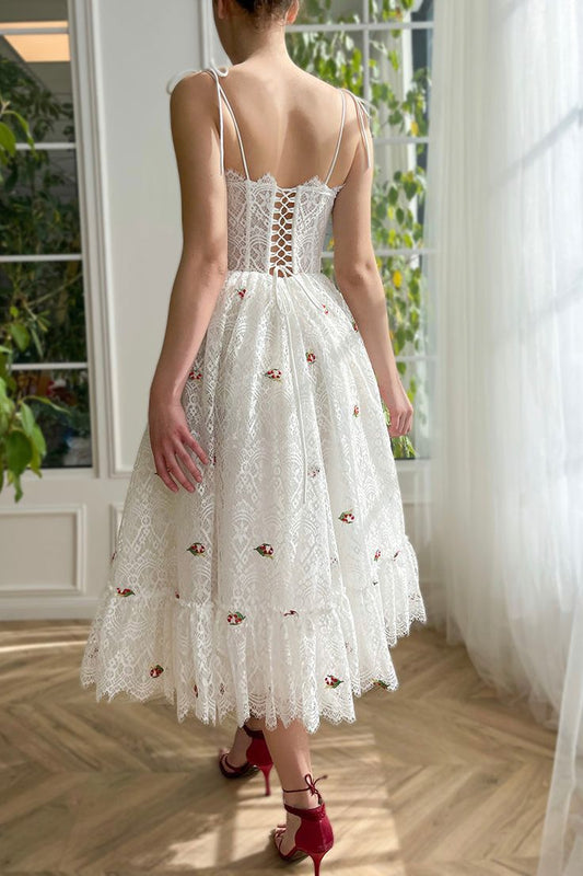Spaghetti Straps Appliqued Sheer Lace A-Line Tea Length Evening Prom Dress       fg4628