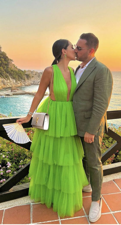 Elegant A line V Neck Green Tiered Tulle Prom Dress Green Prom Gown
