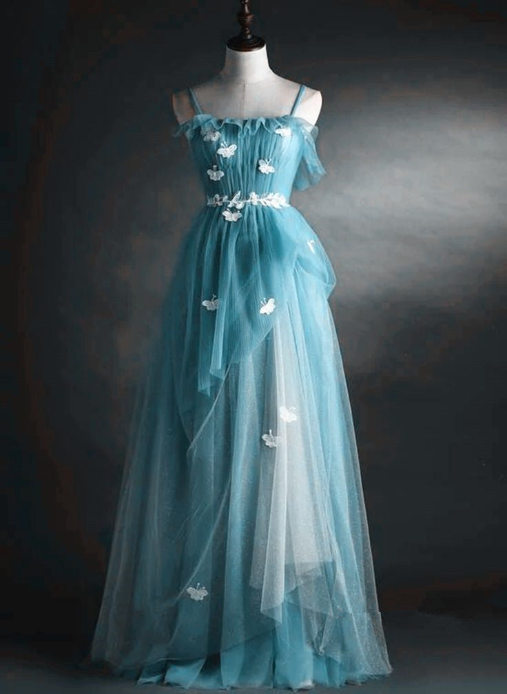 A-Line Blue Tulle Straps Long Formal Dress, Blue Long Evening Dress Prom Dress      fg4877