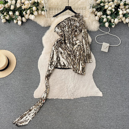 off-shoulder long-sleeved sequined dress for women party dress     S4534