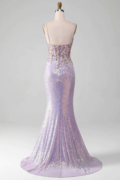 Women Spaghetti Straps Purple Prom Dress Mermaid Evening Gown with Slit Handmade Sparkle Party Dress Custom Formal Evening Dress