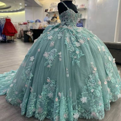 Green Princess Ball Gown Quinceanera Dresses With Bow Appliques Sweet 16 Dress Vestidos De 15 anos