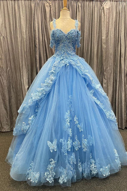 Blue Tulle Sweetheart Multi Layer Ball Gown with 3D Floral Lace Prom Gown