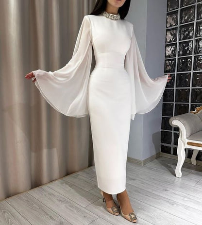 White Long Sleeves Evening Dress Custom Made Ankle Length Prom Gown