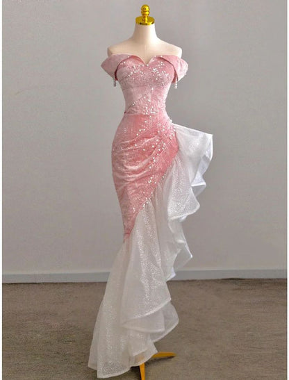 Trumpet Prom Dresses Party Dress Evening Party Floor Length Sleeveless Off Shoulder Tulle with Pearls SequinEvening Gown     S4922