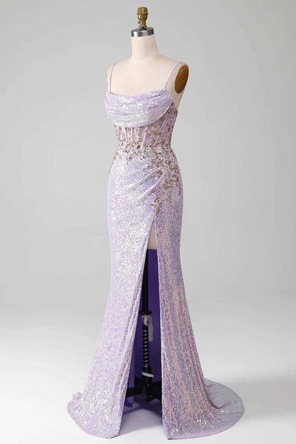 Women Spaghetti Straps Purple Prom Dress Mermaid Evening Gown with Slit Handmade Sparkle Party Dress Custom Formal Evening Dress