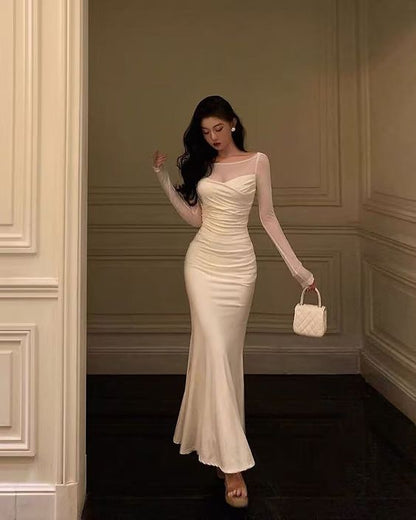 Mermaid Dress Women Patchwork Long Sleeves Vintage Solid Evening Party Gown