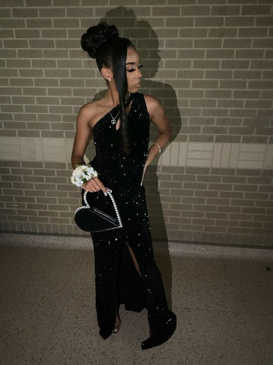 Long Sequin Black Mermaid Prom Evening Dresses       fg4448