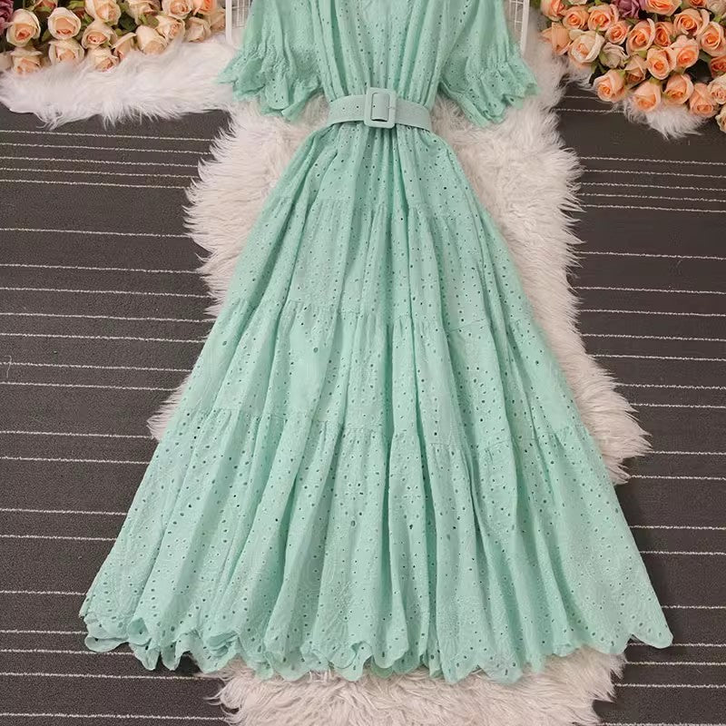 V-neck Puff Sleeve Dress Summer New Style Fashionable Long Skirt    S5040
