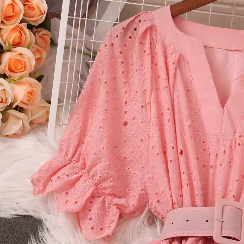 V-neck Puff Sleeve Dress Summer New Style Fashionable Long Skirt    S5040