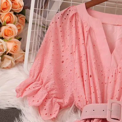 V-neck Puff Sleeve Dress Summer New Style Fashionable Long Skirt    S5040