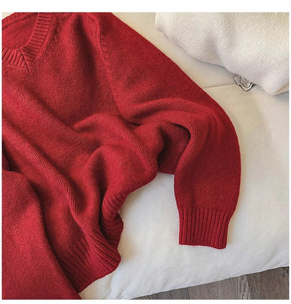 Solid color V-neck sweater for women new design long-sleeved sweater   S4890