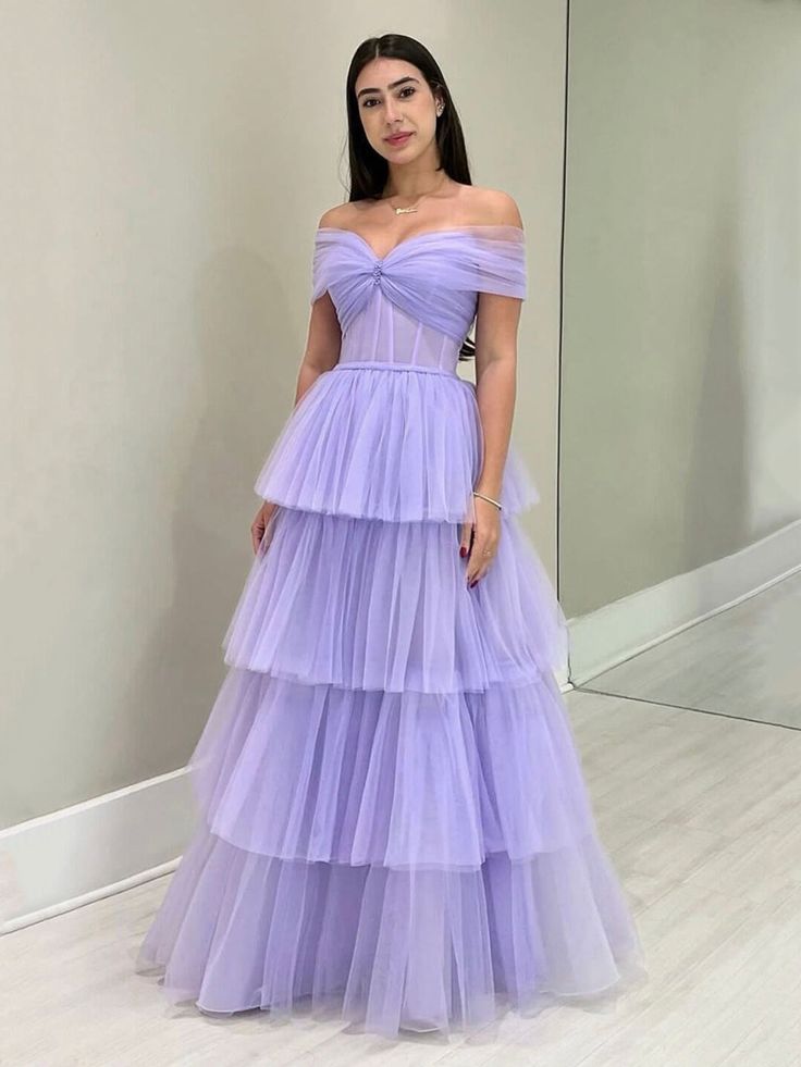 Tulle Floor Length A-Line Prom Dress, Off the Shoulder Evening Party Dress      fg5152