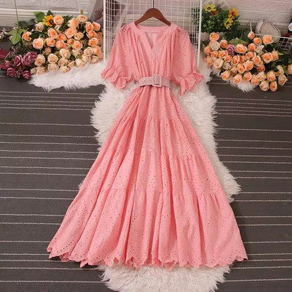V-neck Puff Sleeve Dress Summer New Style Fashionable Long Skirt    S5040