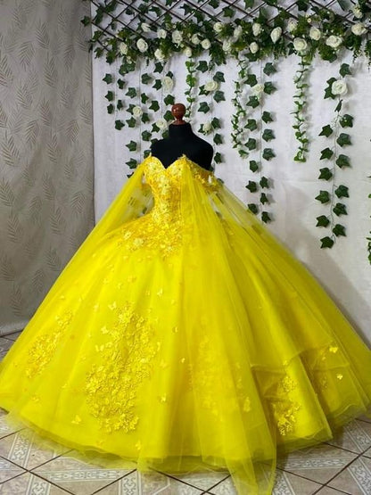 Yellow lace quince dress off shoulder cinderella prom ball gown