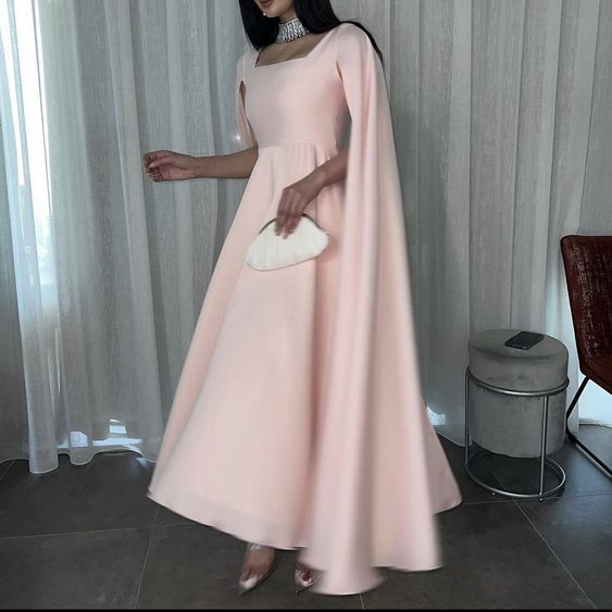 Elegant Long Pink Prom Dresses A Line Chiffon Cape Ankle Length Short Party Gown for Women