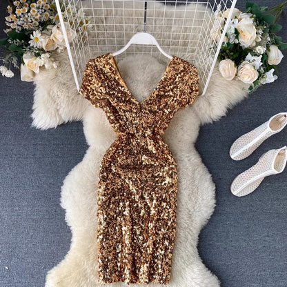 Sparkling sequin skirt new sexy V-neck backless pleated short-sleeved dress for women      S4665