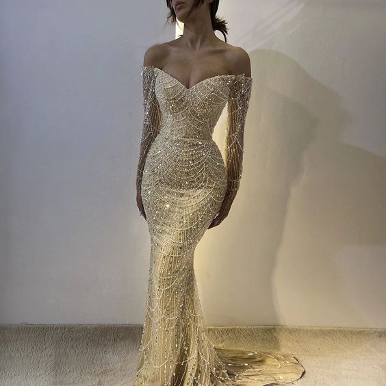 Luxury Dubai Evening Birthday Dress 2024 Beads Sequins Off The Shoulder Long Sleeves Mermaid Sweep Train Formal Prom Gowns