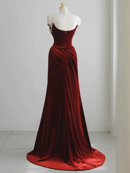 Red velvet evening dress, floral prom dress, chic mermaid dress,custom made       fg4923