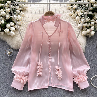 mesh shirt for women with ribbon long-sleeved design beautiful top trend     S4532