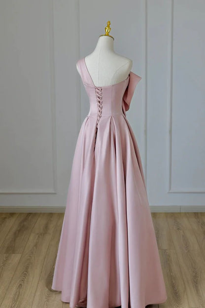 Pink Satin Bow Gown Long Formal Dress