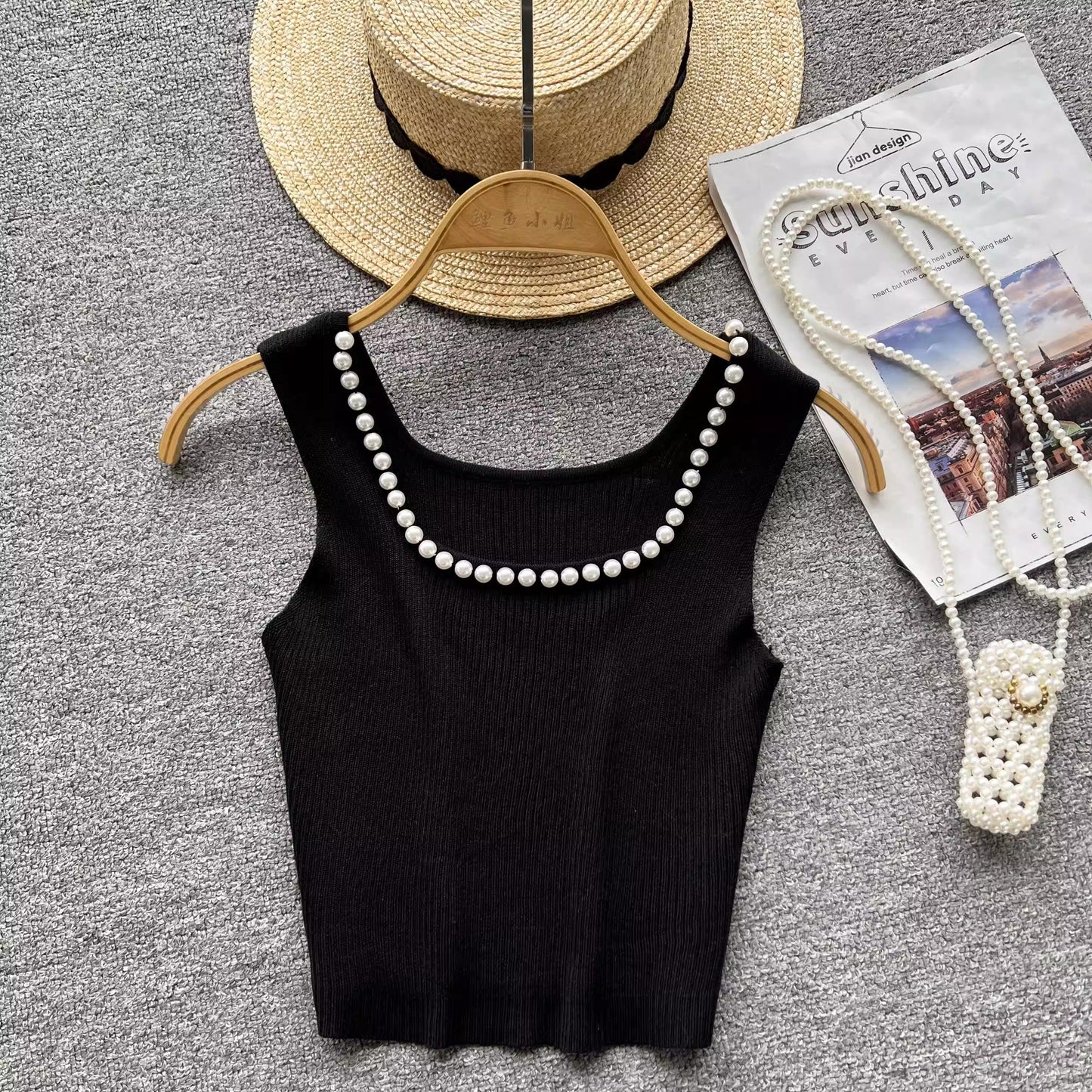 Square neck sleeveless beaded pleatedfor women knitted chic top     S4622