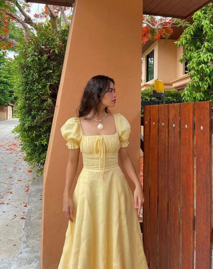 Light Yellow A-line Prom Dress with Puff Sleeves        fg5224