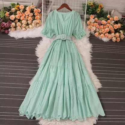 V-neck Puff Sleeve Dress Summer New Style Fashionable Long Skirt    S5040