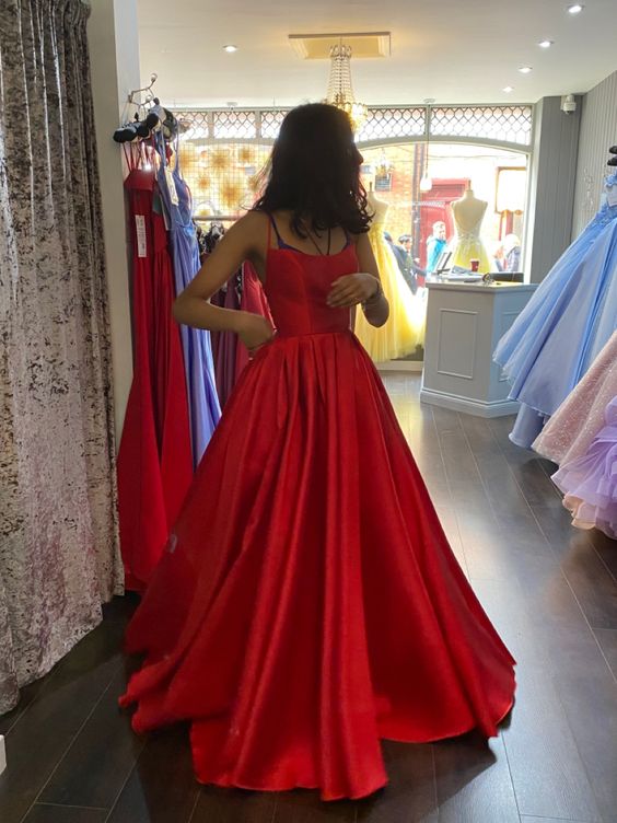 Simple Backless Red Satin Long Prom Dress Open Back Formal Dresses Red Evening Gown