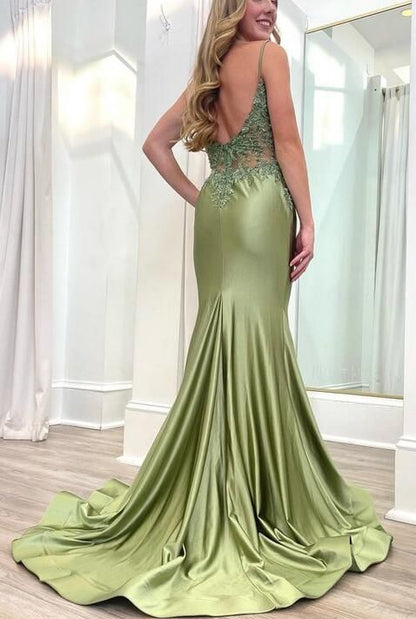 Spaghetti Straps V Neck Green Mermaid Long Prom Dress With Applique        fg5302