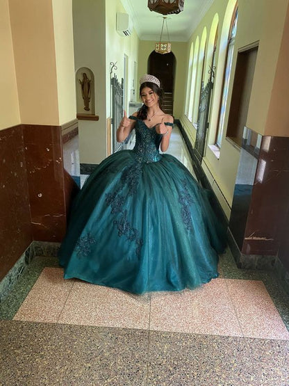 Dark green lace quince dress off shoulder prom ball gown