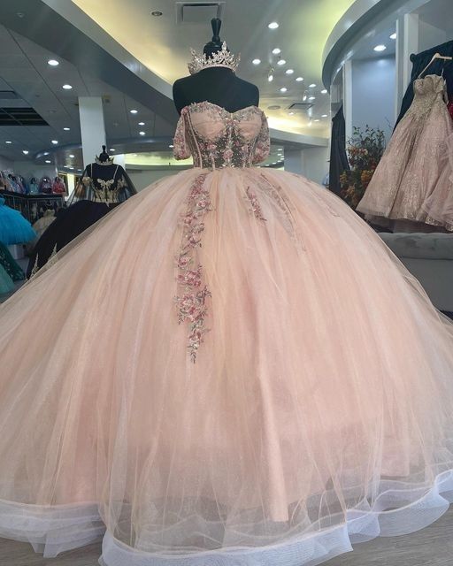 Princess Light Pink Flower Appliques Ball Gown Quinceanera Dress Sweetheart Off Shoulder Party Sweet 15 Party Dress
