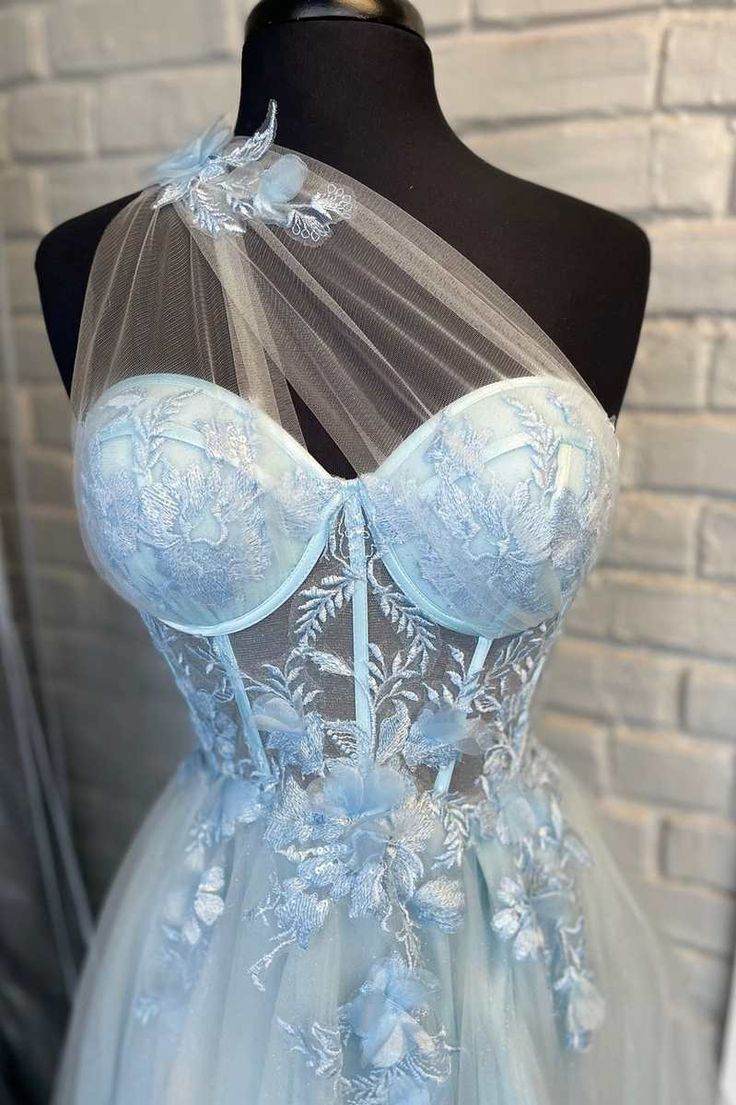 Sweetheart One Shoulder Blue Prom Dress with Flowers       fg4501