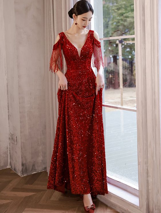 Wine Red Sequins Evening Ball Gown Banquet Party Long Dress