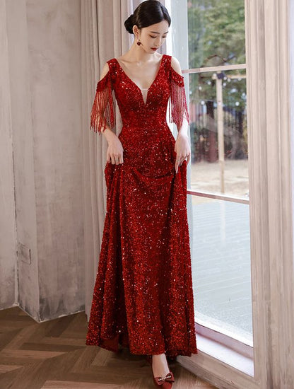 Wine Red Sequins Evening Ball Gown Banquet Party Long Dress