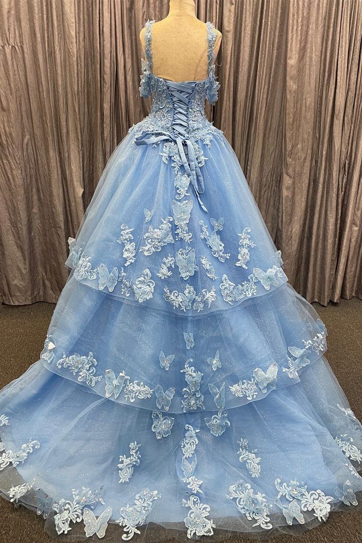 Blue Tulle Sweetheart Multi Layer Ball Gown with 3D Floral Lace Prom Gown