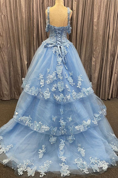 Blue Tulle Sweetheart Multi Layer Ball Gown with 3D Floral Lace Prom Gown