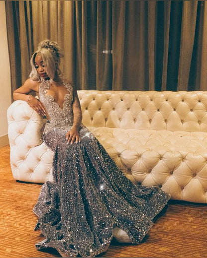 Silver Grey Diamond Mermaid Long Prom Dresses for Women Sparkly Crystal Velvet Evening Pageant Gown