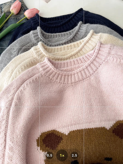Fashionable casual cartoon bear jacquard round neck long-sleeved knitted sweater    S4743