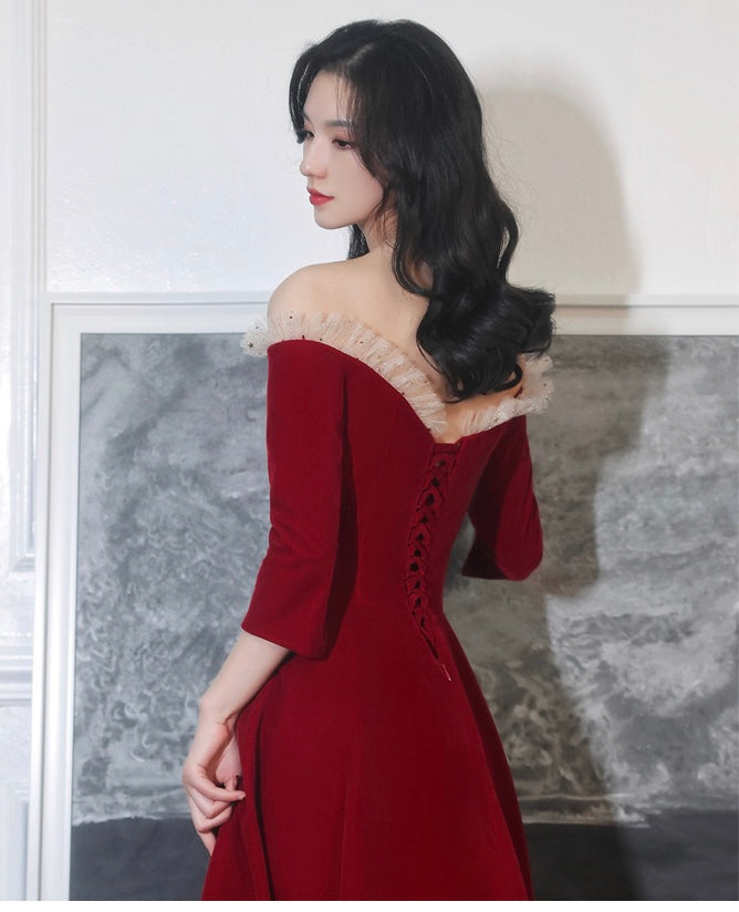 Burgundy Prom Gown Off Shoulder Party Dress Fairy Midi Dress