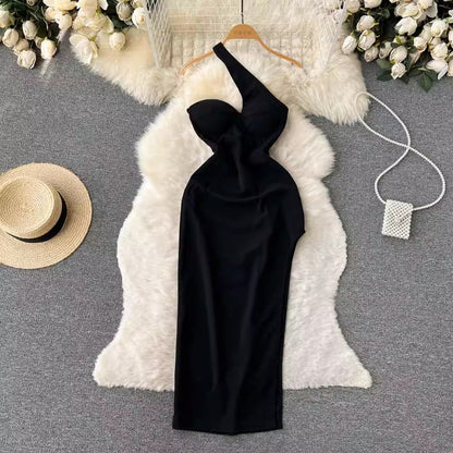 Black sleeveless one-shoulder long dress fo sexy dress    S4633r women with fashionable design irregular