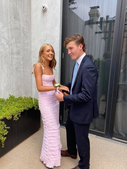 Simple Mermaid Spaghetti Straps Floor Length Sleeveless Pink Prom Dress        S5222