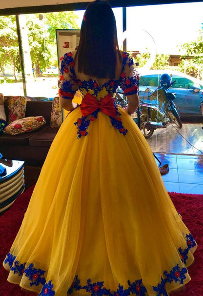 Evening Dresses Yellow Sequins Prom Lace 3d Flower Evening Gowns Short Sleeve Princess Formal Women Dress
