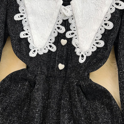 Black A-line Long Sleeve Dress, Black Fashion Dress     S4414